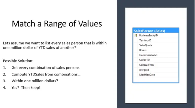Use non-equi join to match range of values