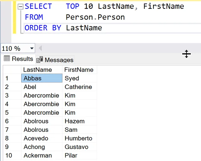 SQL SELECT TOP 10 Persons as ordered by LastName