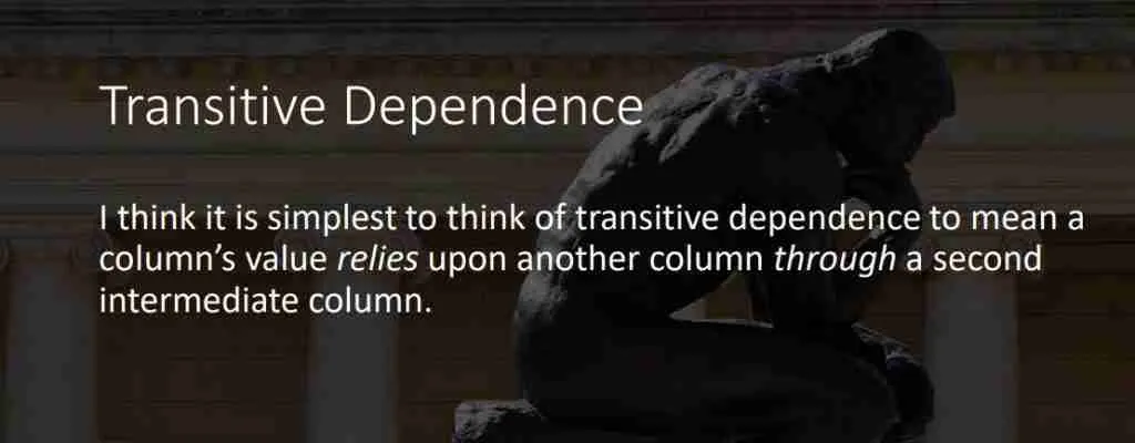 write a case study with an example to demonstrate the different types of normalization Transitive Dependence as it applies to Third Normal Form