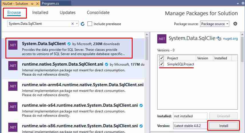 C Sharp System Data SqlClient installation