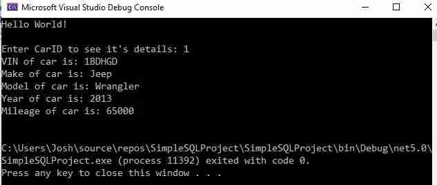 successful run using c# with SQL