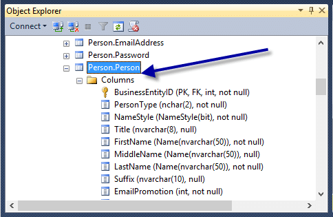 Using Object Explorer to see columns for SQL Select